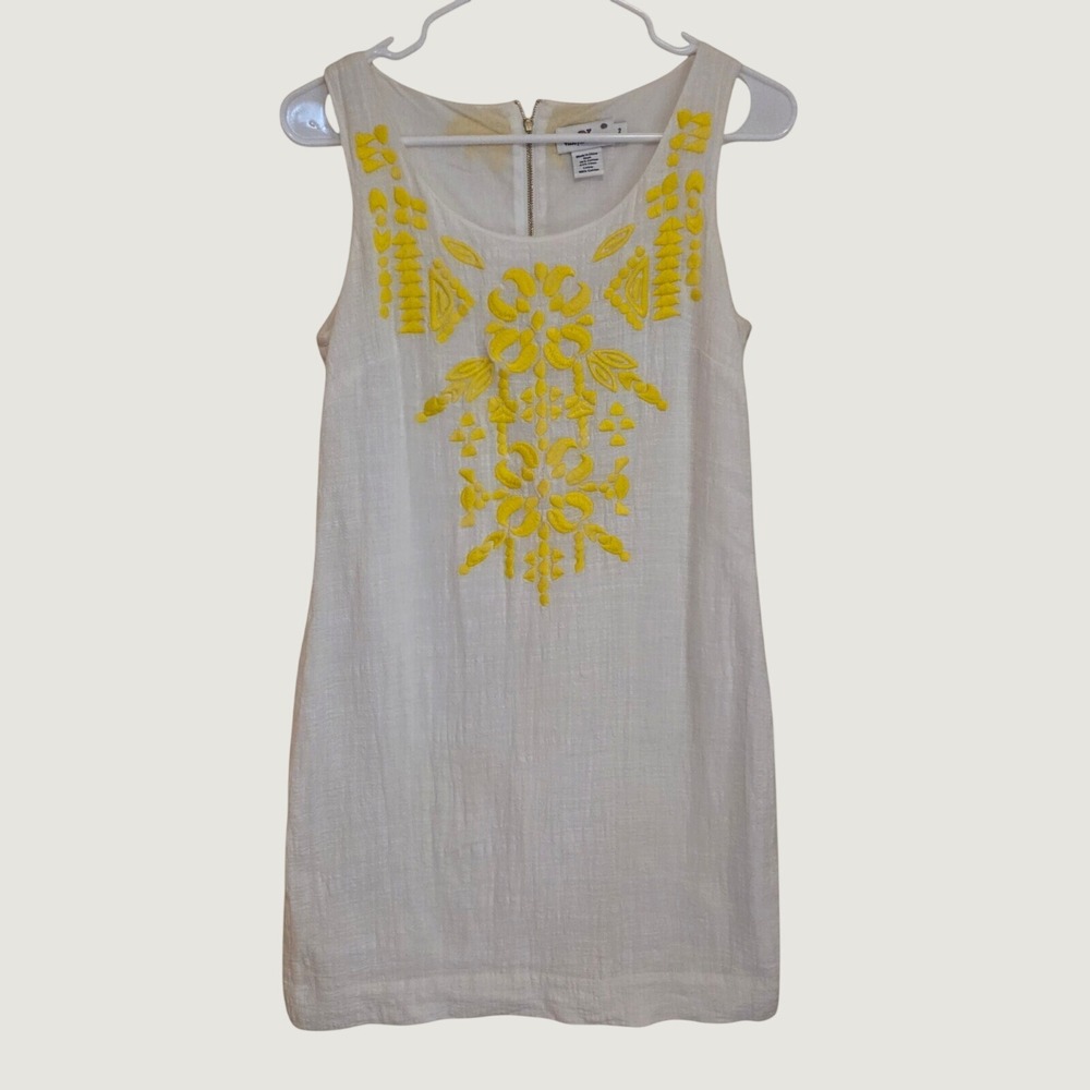Vineyard Vines Womens Dress Size 2 White Yellow Embroidered Linen Cotton Coastal